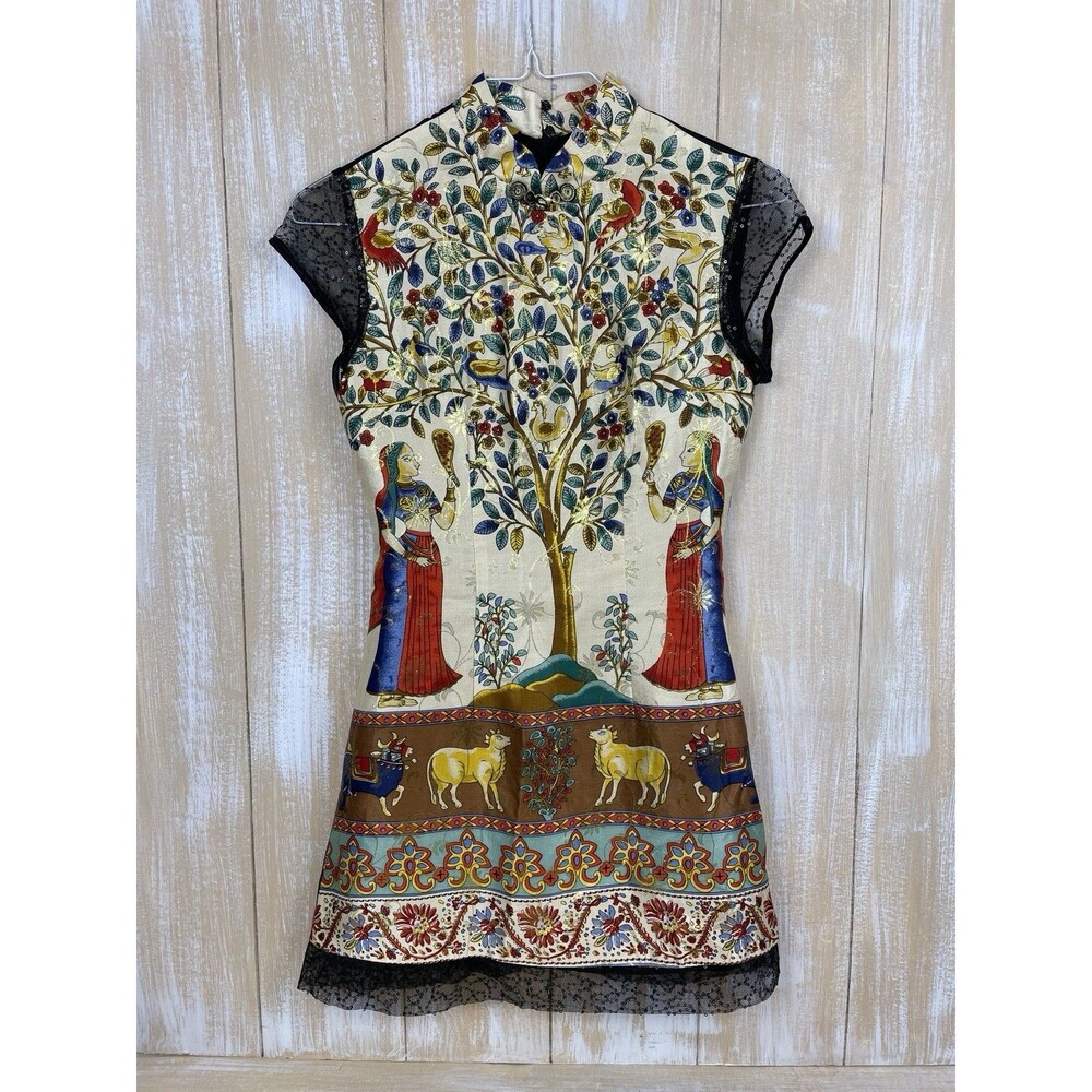 Chinese Multicolor Silk Embroidered Dress Size 40 Floral Bird Figures Animals
